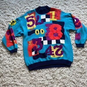 Vintage 1990 IB DIFFUSION SPORT Retro sweater Large Funky numbers and check boar